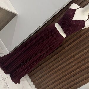 Speechless Wine Lace Bodice Pleated Prom Gown